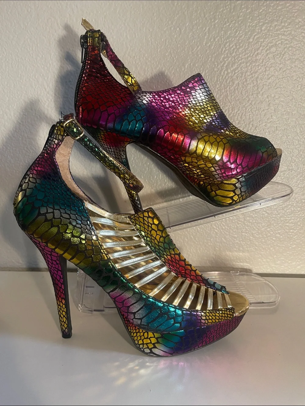 Wild Rose Multicolor Metallic Snake-Print High Heel Sandals